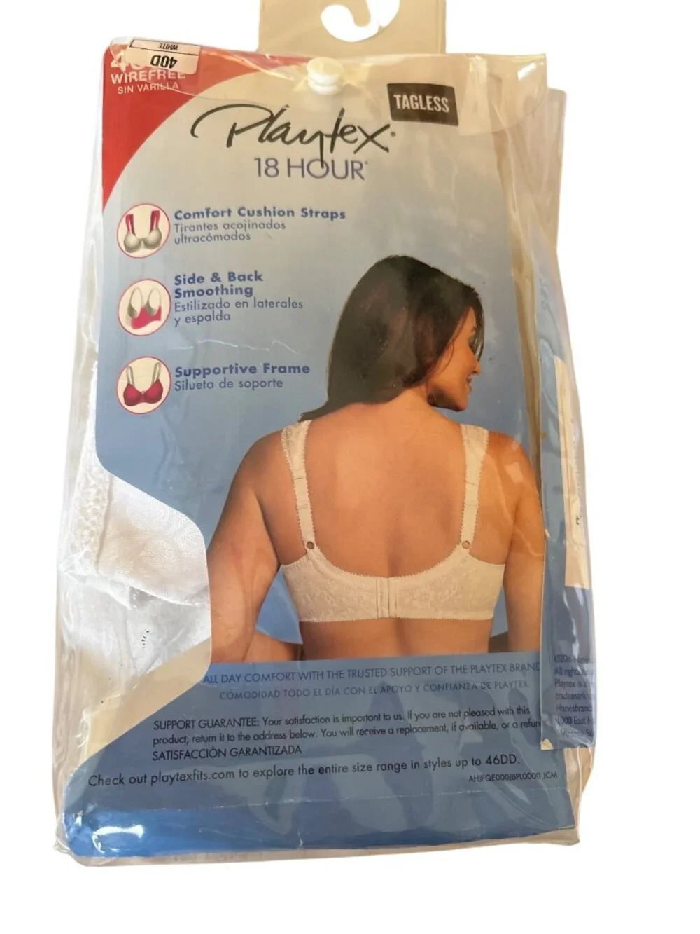 Playtex 18 Hour Wirefree Bra 40D White Comfort Cushion Straps Side & Back Smooth